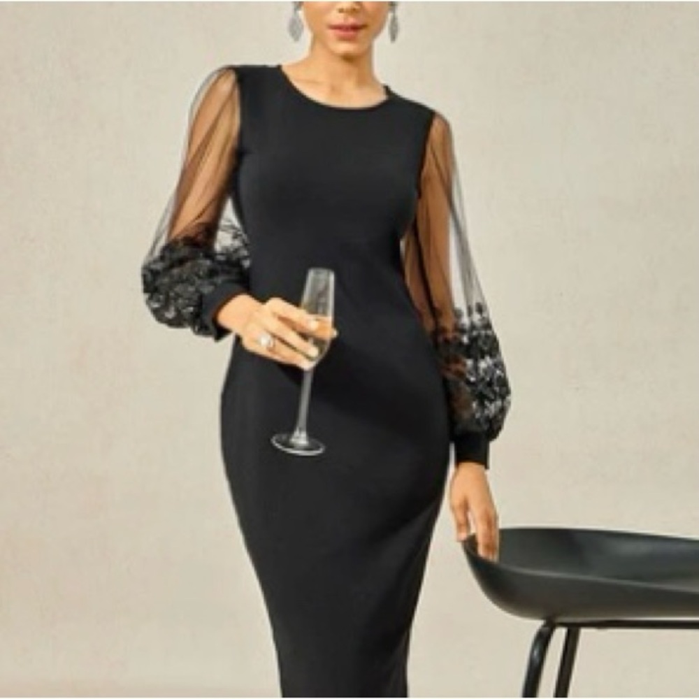 Elegant Black Dress with Sheer Floral Sleeves